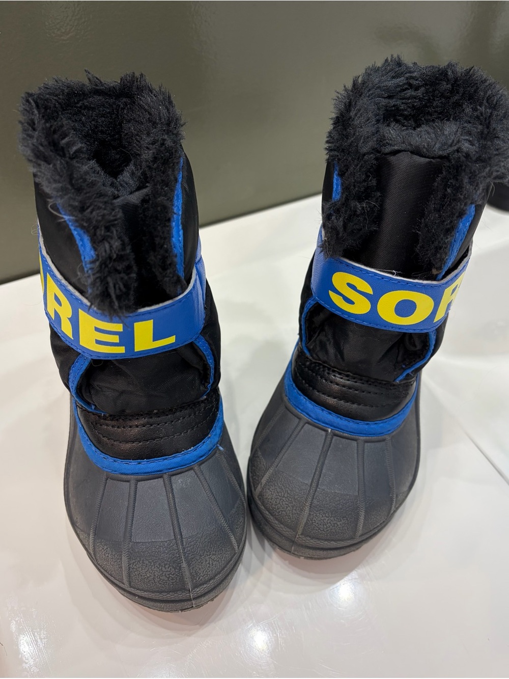Sorel Kids Black and Blue Waterproof Snow Boots with Yellow Logo